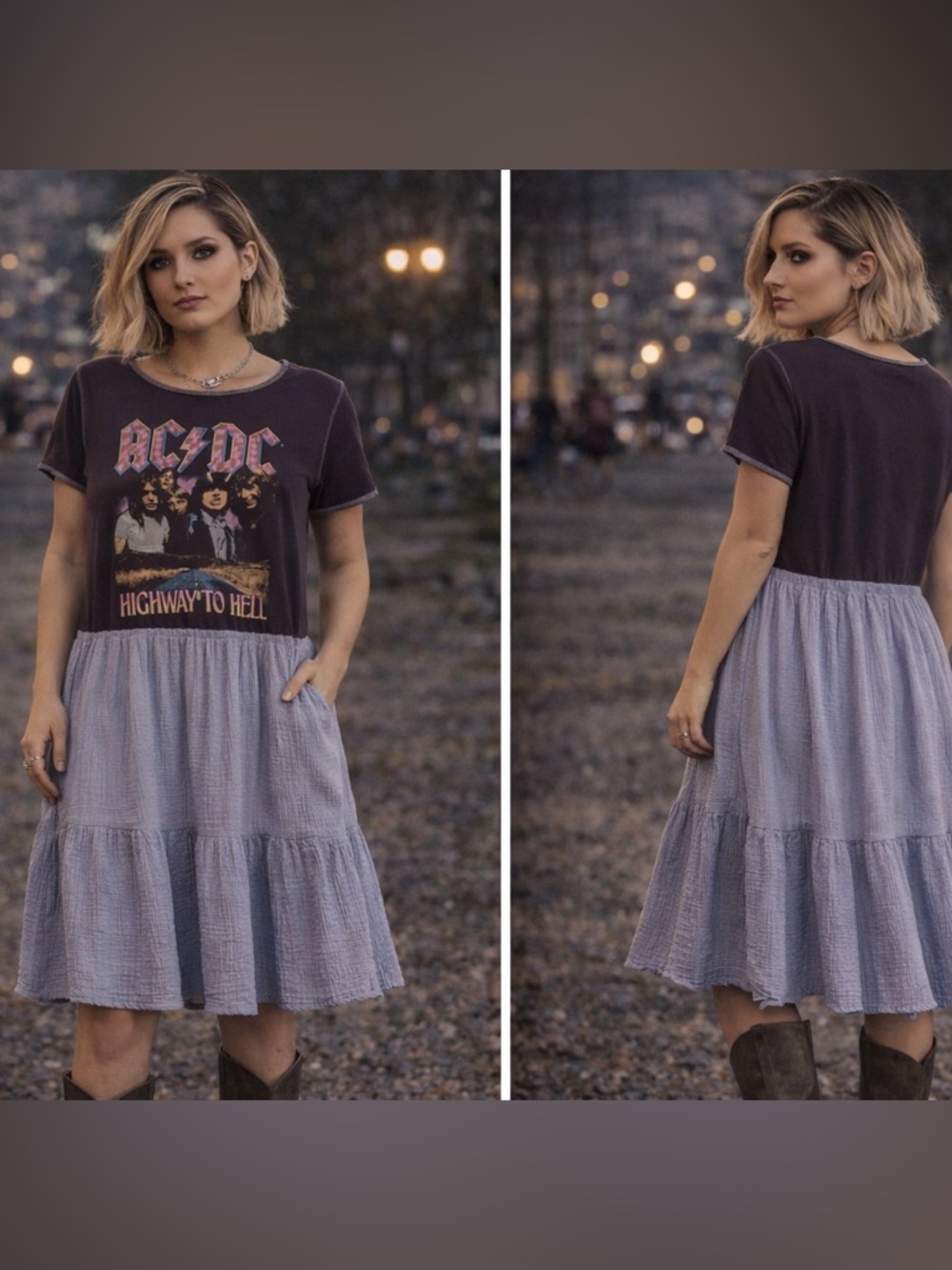 AC DC Upcycled Graphic Tee Shirt Dress Ruffle Gauze Skirt Pockets OOAK Size M L